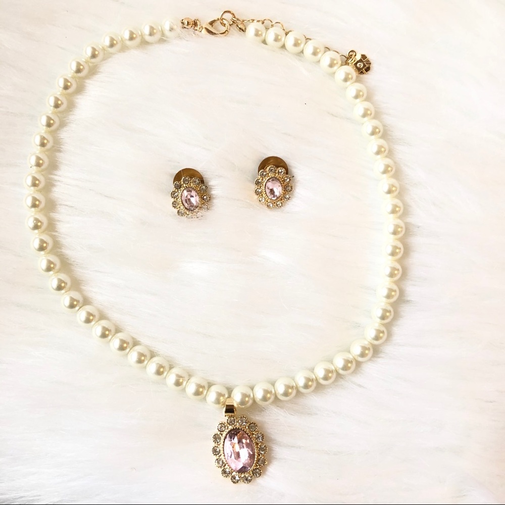 Monet Faux Pearl Necklace Pink Oval Pendant Set